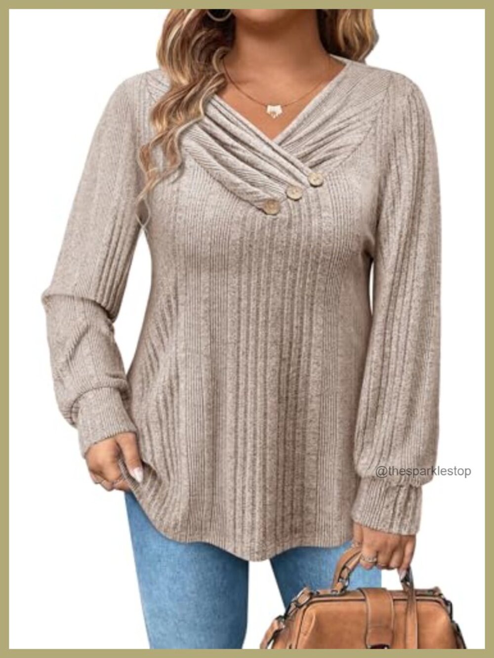 Women's Plus Size V-Neck Long Sleeve Button Tunic Sweater